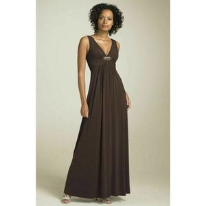 BCBG Maxi Dress L Brown V neck Formal Solid Fancy sleeveless A line #1033